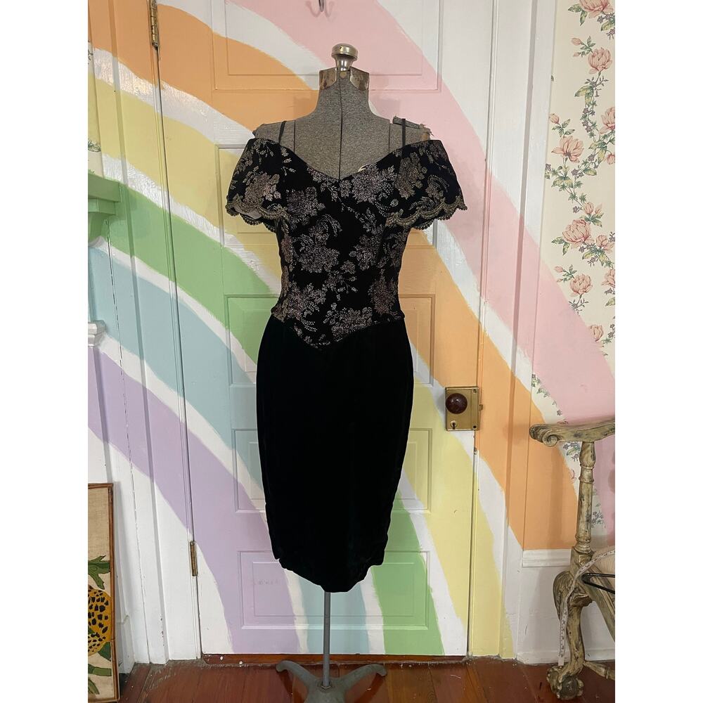 Vintage Scott McClintock Black Velvet Silver Brocade Off Shoulder Dress